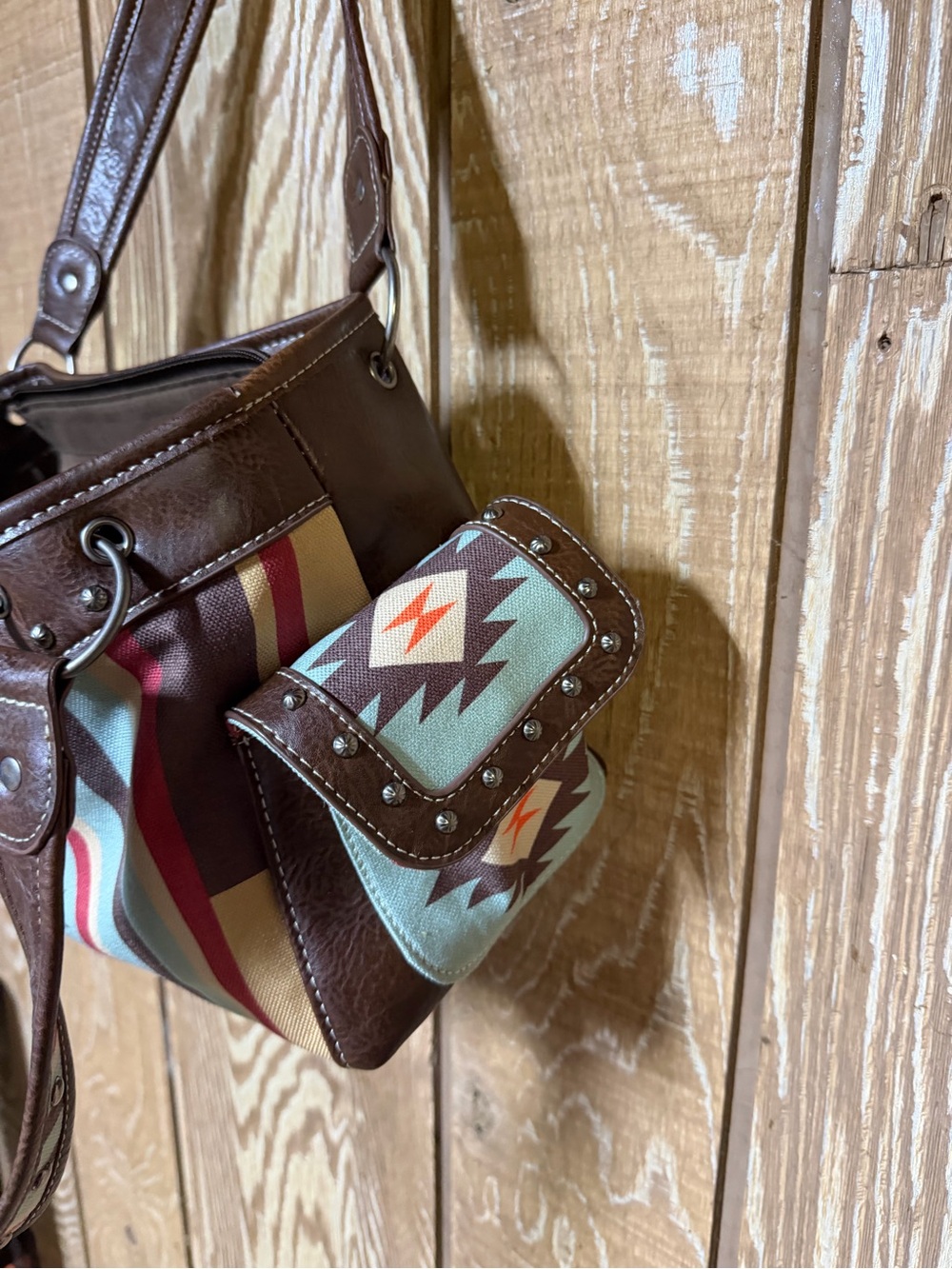 Brown & Turquoise Southwestern Canvas Shoulder Bag - Casual Everyday